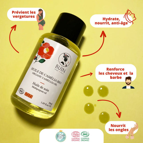 Huile de camélia bio - 100% végétale et bio - visage, corps, cheveux,